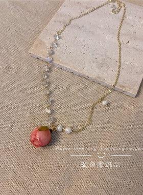 天然干花淡水珍珠女复古锁骨链