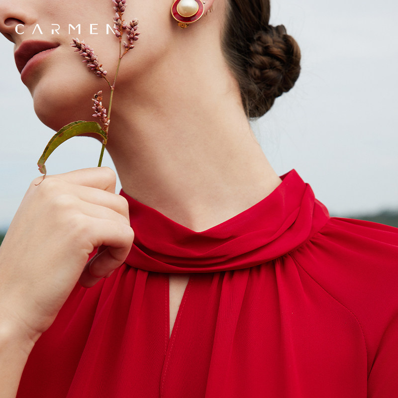 Carmen高端新年红色桑蚕丝衬衫女长袖25秋季设计感OL气质真丝上衣
