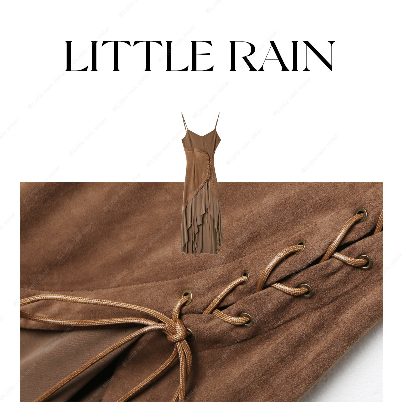 小雨姐姐新款【栗咖裙】复古设计感不规则绑带荷叶边修身显瘦吊带