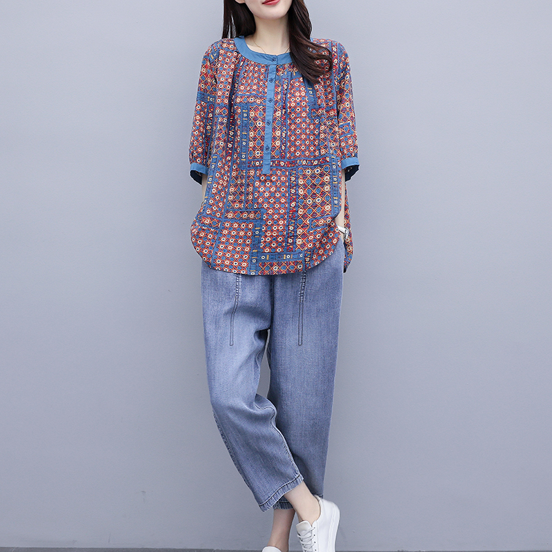 印花棉麻套装女夏2022新款女装气质显瘦休闲宽松大码遮肉两件套潮
