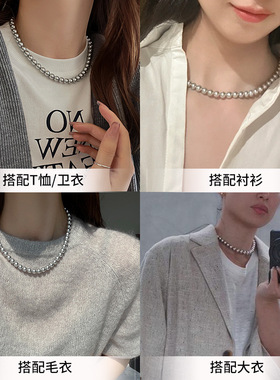 【爆米花专享】正圆银灰色珍珠项链女手工打结元宝扣港风项饰