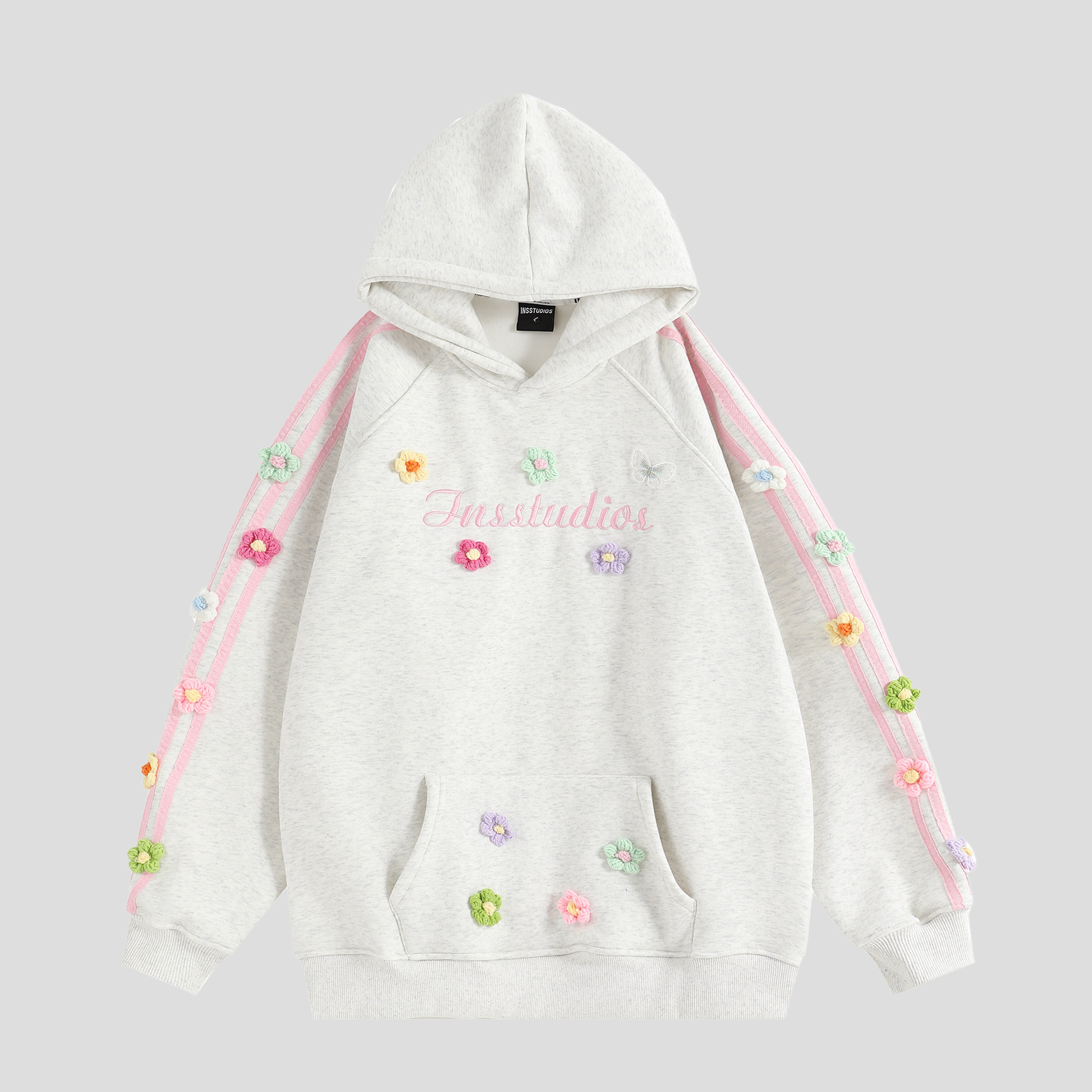 INSstudios 国潮牌情侣美式手缝立体花卉卫衣宽松套头加绒连帽衫