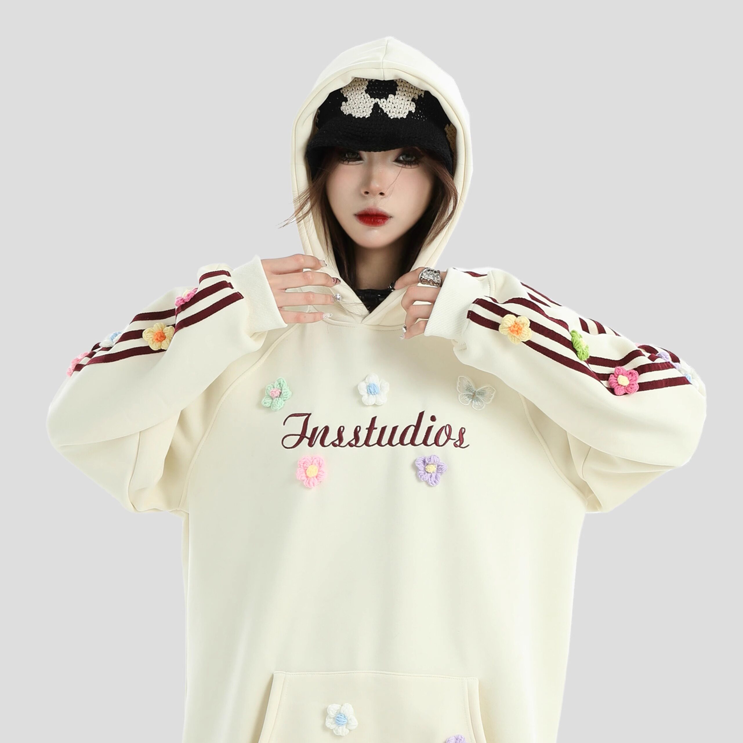 INSstudios 国潮牌情侣美式手缝立体花卉卫衣宽松套头加绒连帽衫