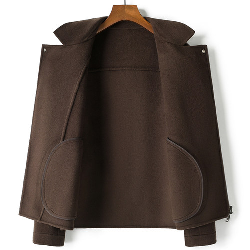 新款双面呢西装领短款夹克男士羊毛呢子大衣无羊绒机车休闲外套潮 - 图2