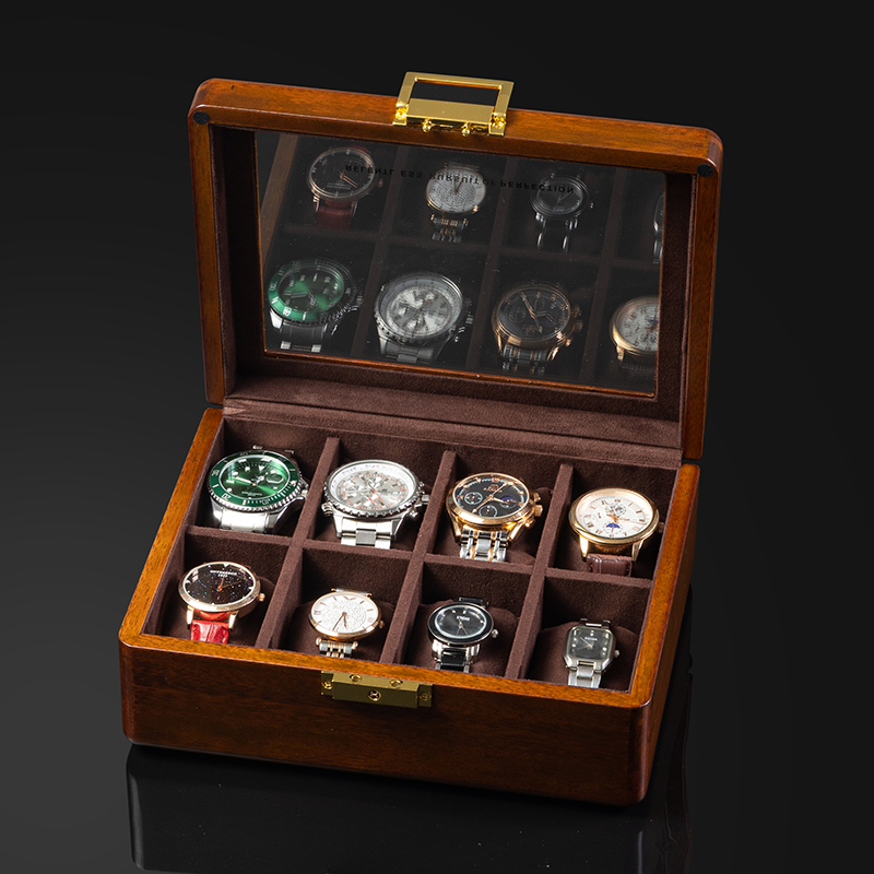 俪丽实木手表收纳盒木质手表盒八表位腕表收纳盒玻璃天窗表盒带锁 - 图1