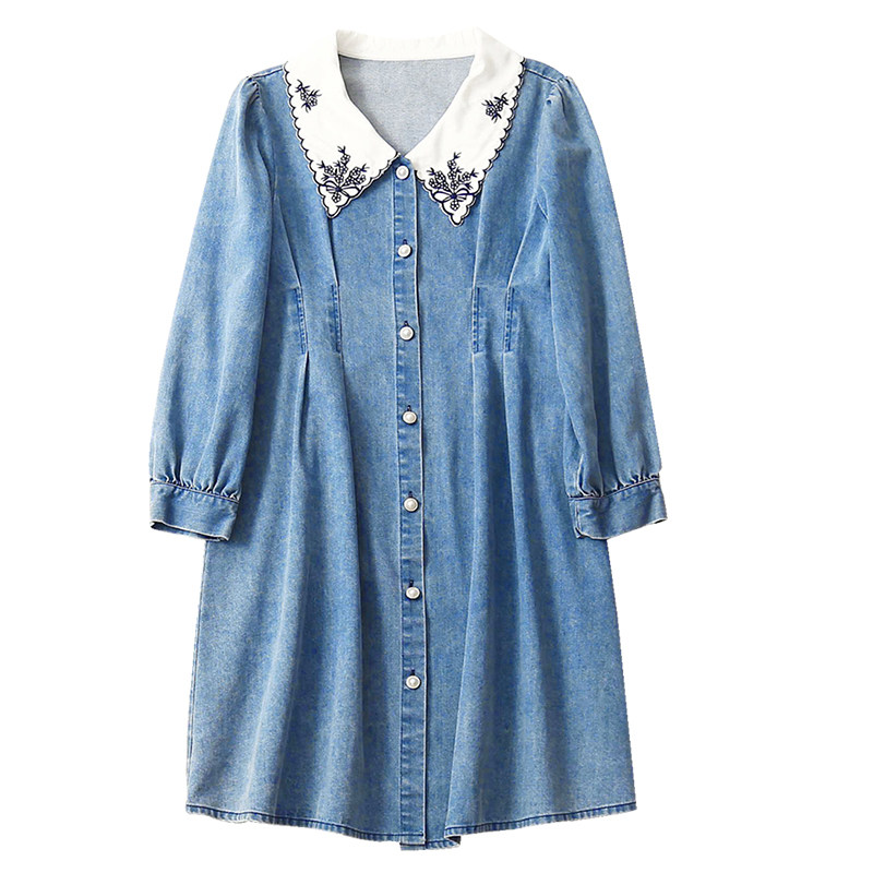 孕妇装秋款长袖娃娃领蓝色连衣裙 孕雅姿连衣裙