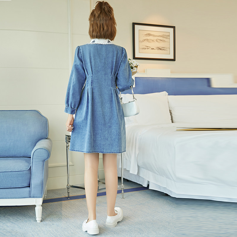 孕妇装秋款长袖娃娃领蓝色连衣裙 孕雅姿连衣裙