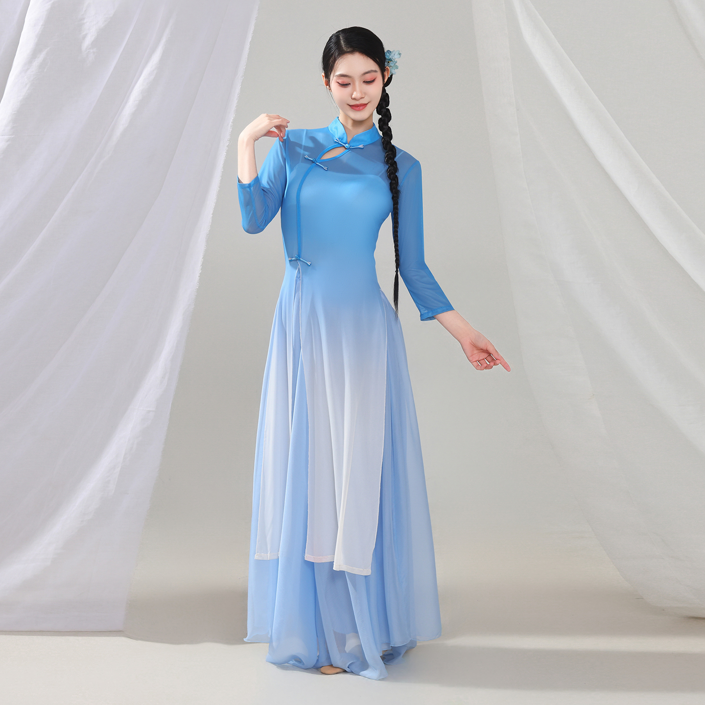 古典舞蹈服国风旗袍上衣身韵渐变纱衣练功裙裤中国舞演出表演新款 - 图1