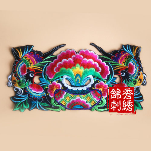 苗绣机绣绣花牡丹花花瓶鸟戏牡丹补丁漏洞衣服布贴 - 图0