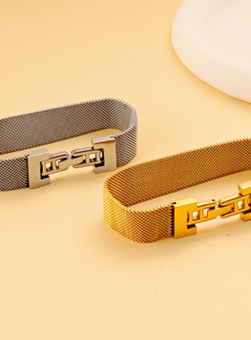 爆款钛钢网织宽表带时尚个性百搭女士不锈钢表链手环手圈手带手链