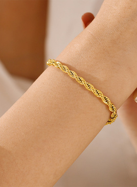 个性时尚男女情侣不锈钢麻花手链欧美经典复古18金色钛钢古巴手饰