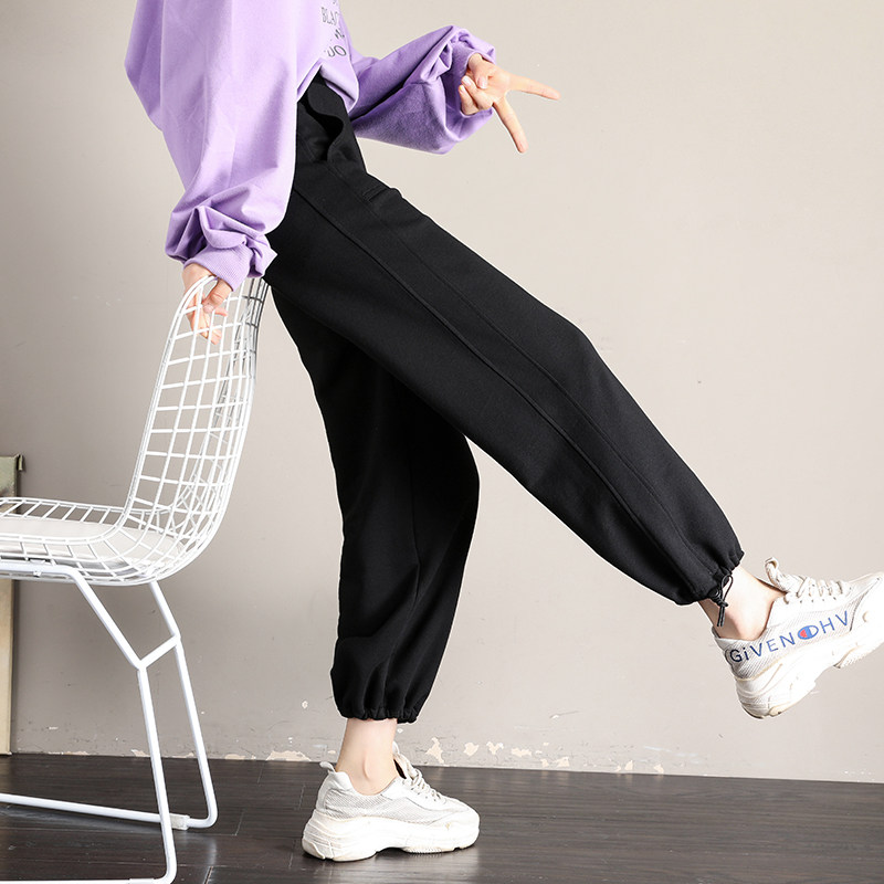 抽绳宽松束脚春秋季胖mm高腰卫裤 三亲休闲裤