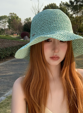 大帽檐草帽沙滩帽女夏季海边度假编织太阳帽可折叠防晒遮阳渔夫帽