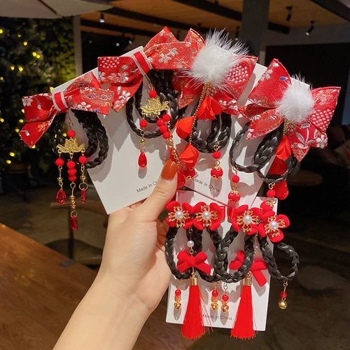 Детский красный цветной аксессуар для волос, заколка для волос с кисточками, детское ханьфу, шпильки для волос для принцессы, китайский стиль