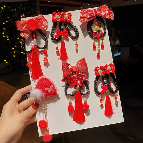 Детский красный цветной аксессуар для волос, заколка для волос с кисточками, детское ханьфу, шпильки для волос для принцессы, китайский стиль