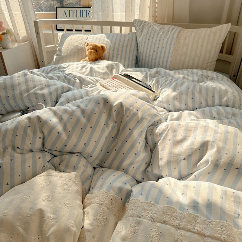 韩系蕾丝花边双层纱四件套非全纯棉被套床单女学生宿舍床上三件套 - 图1