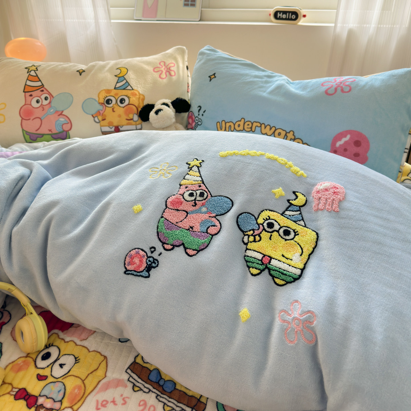 可爱海绵宝宝四件套牛奶绒冬季加厚保暖珊瑚绒被套宿舍床上三件套,淘宝优惠券,粉丝福利购,淘宝优惠卷