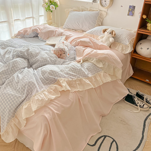 韩系少女心四件套2025新款全棉纯棉水洗被套床单人宿舍床上三件套 - 图2