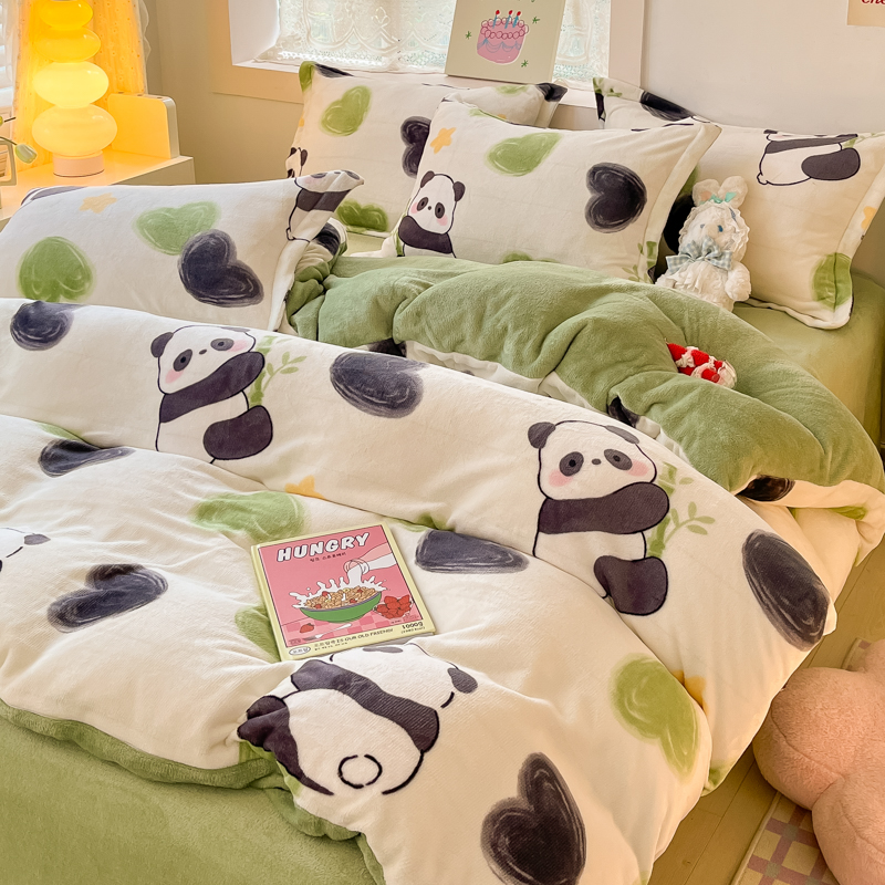 熊猫四件套牛奶绒冬季珊瑚绒被套床单学生宿舍三件套加绒床上用品 - 图1