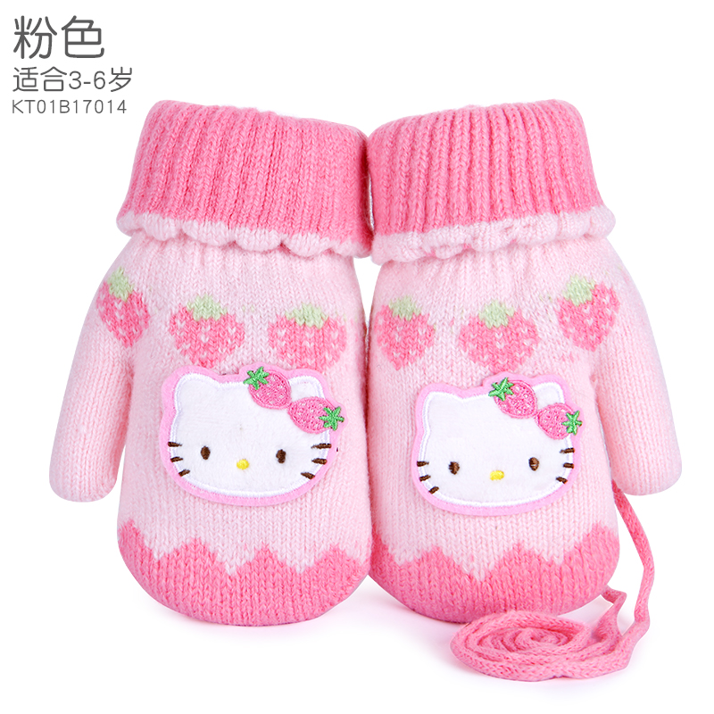 凯蒂猫儿童手套毛线冬季小女孩五指女童可爱挂绳保暖加绒加厚包指