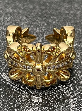 克罗泰银复古做旧！金色鸢尾带锆戒指 个性百搭款