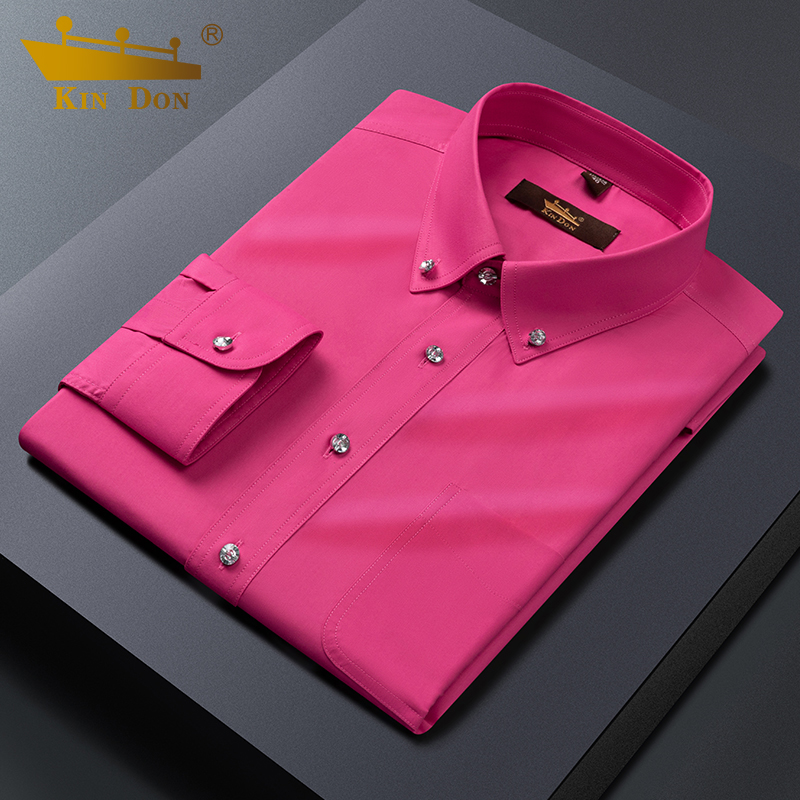 金盾春秋纯色水晶扣长袖衬衫男商务休闲结婚礼服时尚白衬衣男上装 - 图2