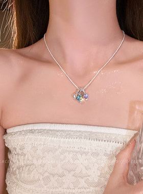 蓝色方糖闪钻爱心项链女2026新款