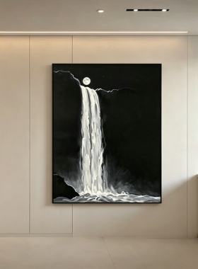 纯手绘油画月下高山流水黑白色玄关挂画客厅沙发背景墙深圳大芬村