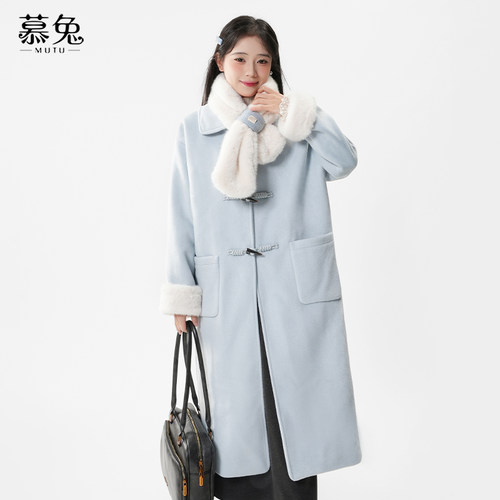 慕兔小个子牛角扣毛呢外套女2025冬季新款加绒加厚中长款呢子大衣 - 图0