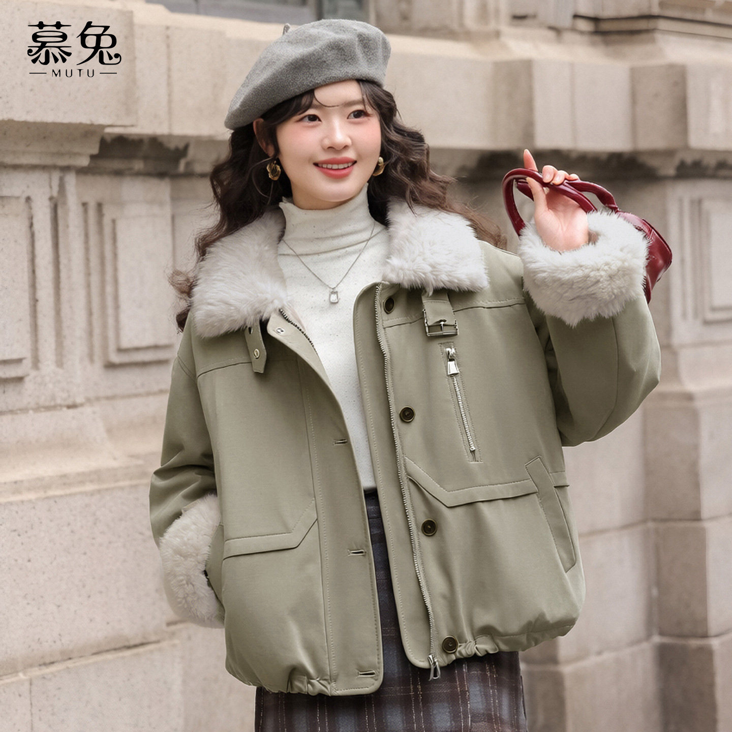 慕兔复古绿色加绒派克服外套女2025冬新款高级感加厚保暖夹克上衣,淘宝优惠券,粉丝福利购,淘宝优惠卷