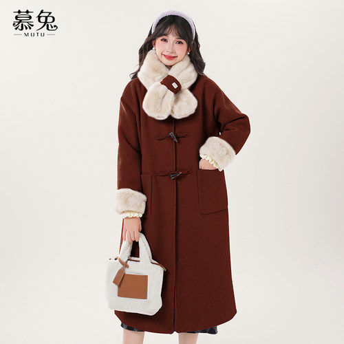 慕兔小个子牛角扣毛呢外套女2025冬季新款加绒加厚中长款呢子大衣 - 图2