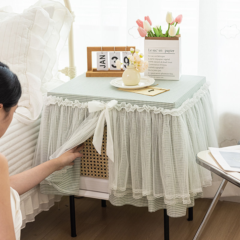 新款床头柜盖巾绿色格子家用卧室床头柜防尘罩保险柜蕾丝盖布罩,淘宝优惠券,粉丝福利购,淘宝优惠卷