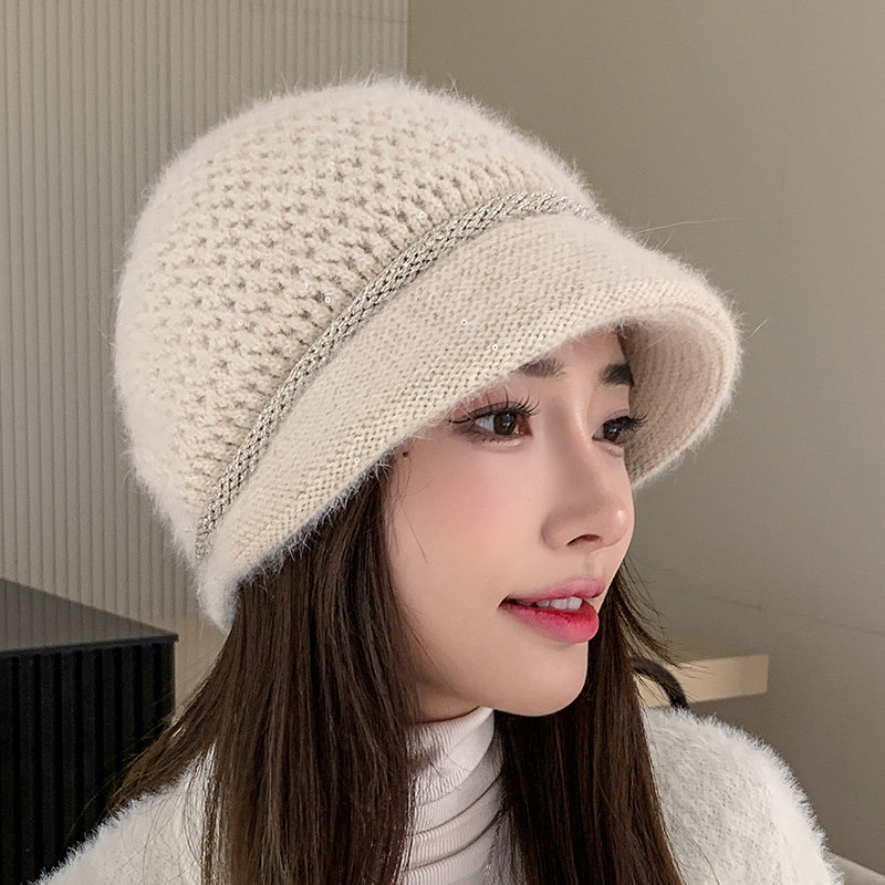 法式气质短檐贝雷帽子女秋冬季双层毛线帽保暖护耳百搭青年包头帽