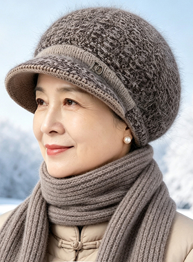 冬季老人女加绒护耳针织鸭舌帽