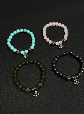 小心袖口 vintage中古童军花做旧泰银串珠手链复古小众钛钢配饰