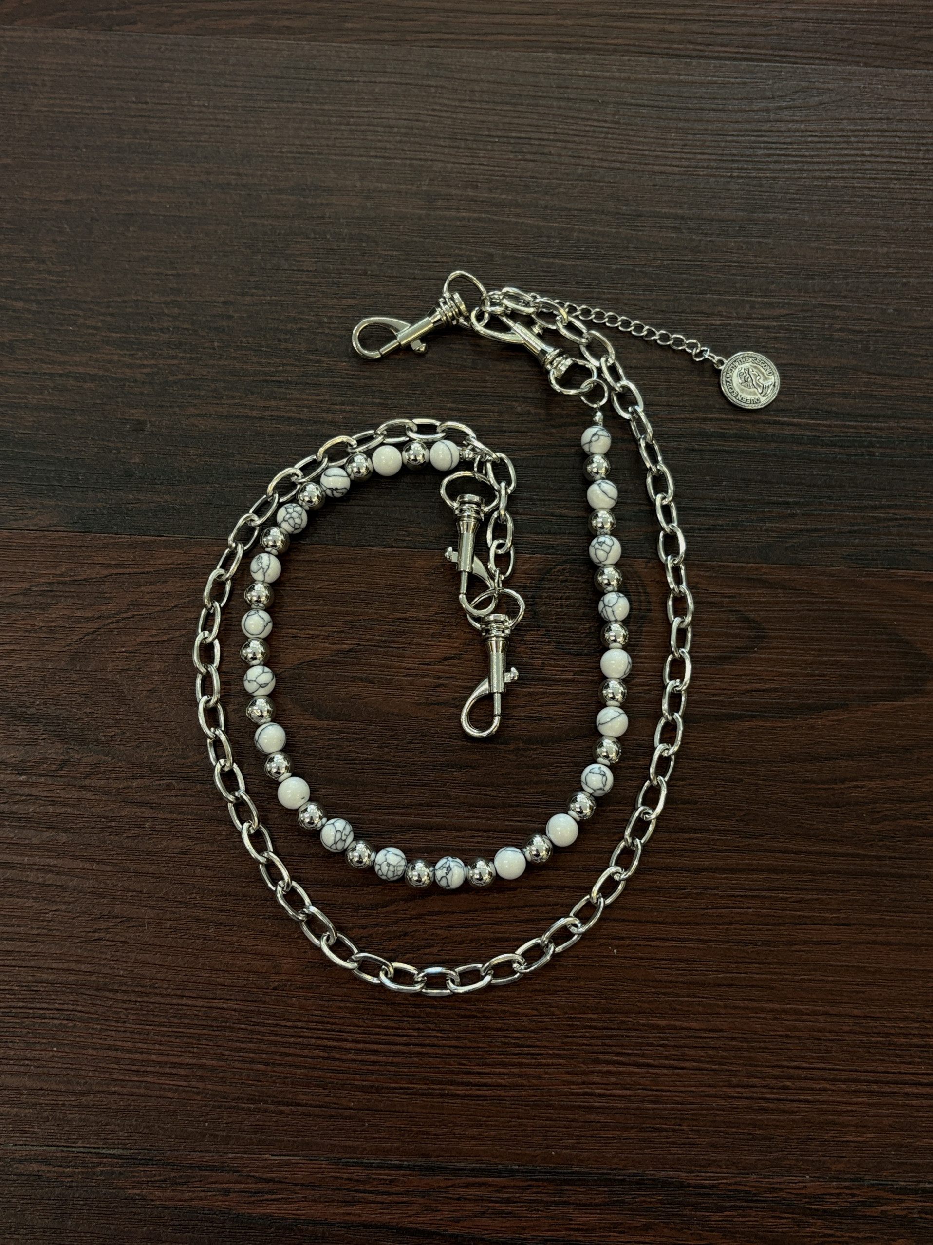 小心袖口 Vintage中古做旧白松石银珠裤链小众设计朋克摇滚配饰