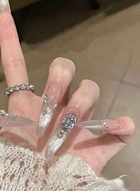 【白茶失梦】纯欲清冷感爆闪月光白色晶石猫眼设计感轻奢美甲贴片