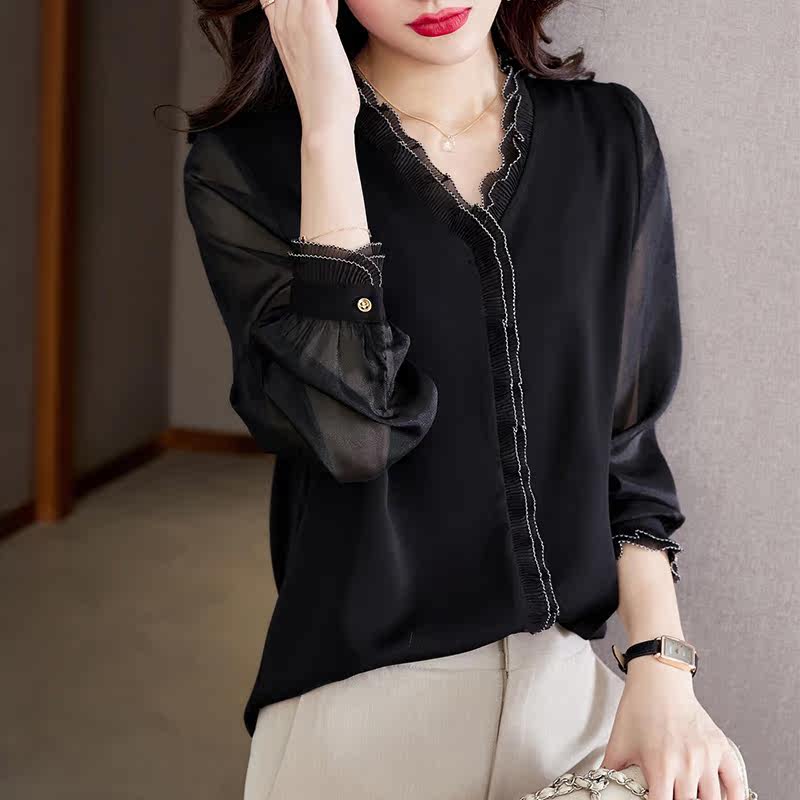 2022气质花边v领真丝长袖女士衬衫 澳都飞狐衬衫