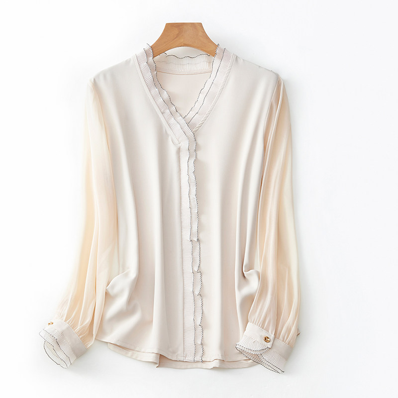 2022气质花边v领真丝长袖女士衬衫 澳都飞狐衬衫