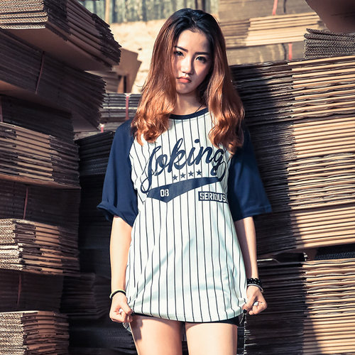 JOKESTER夏季原创潮牌条纹棒球上衣海魂衫短袖圆领休闲男字母T恤 - 图1