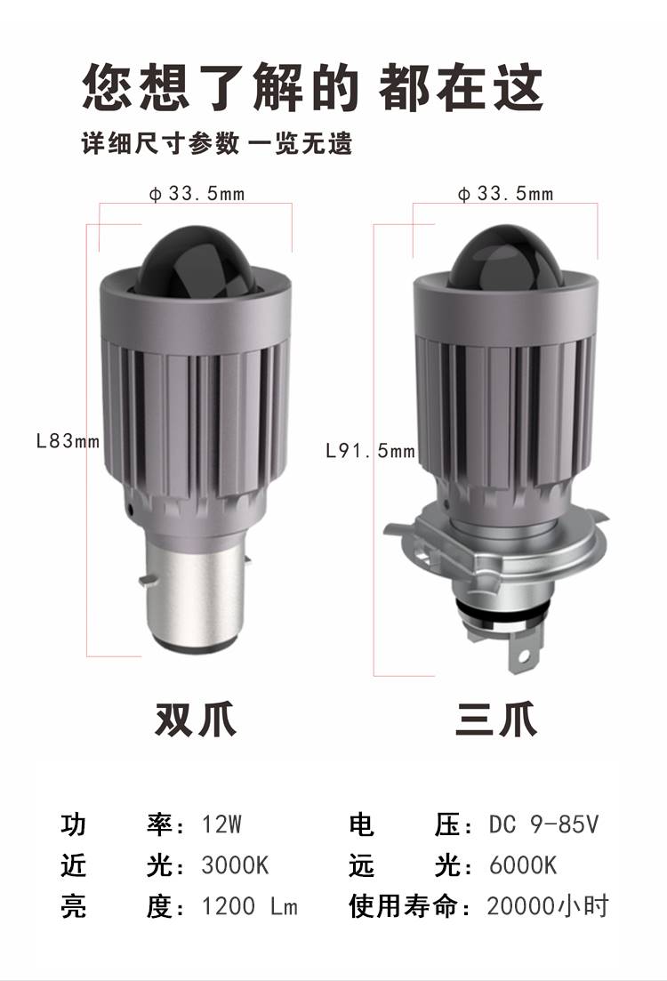 石栏摩托车LED大灯巧格双爪福喜三爪HS1电动车犀利眼透镜灯泡远近 - 图2