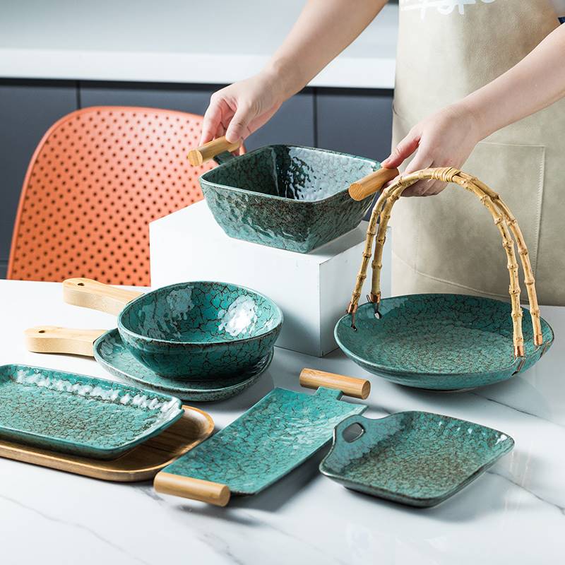 日式餐盘创意双耳带木柄商用餐厅盘子艺术个性复古家用陶瓷寿司盘-图1