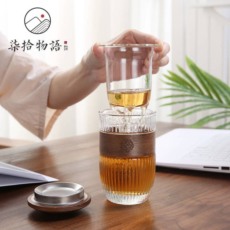 日式锤纹办公室泡茶杯玻璃水杯子木套防烫绿茶杯茶水分离带盖过滤 - 图0