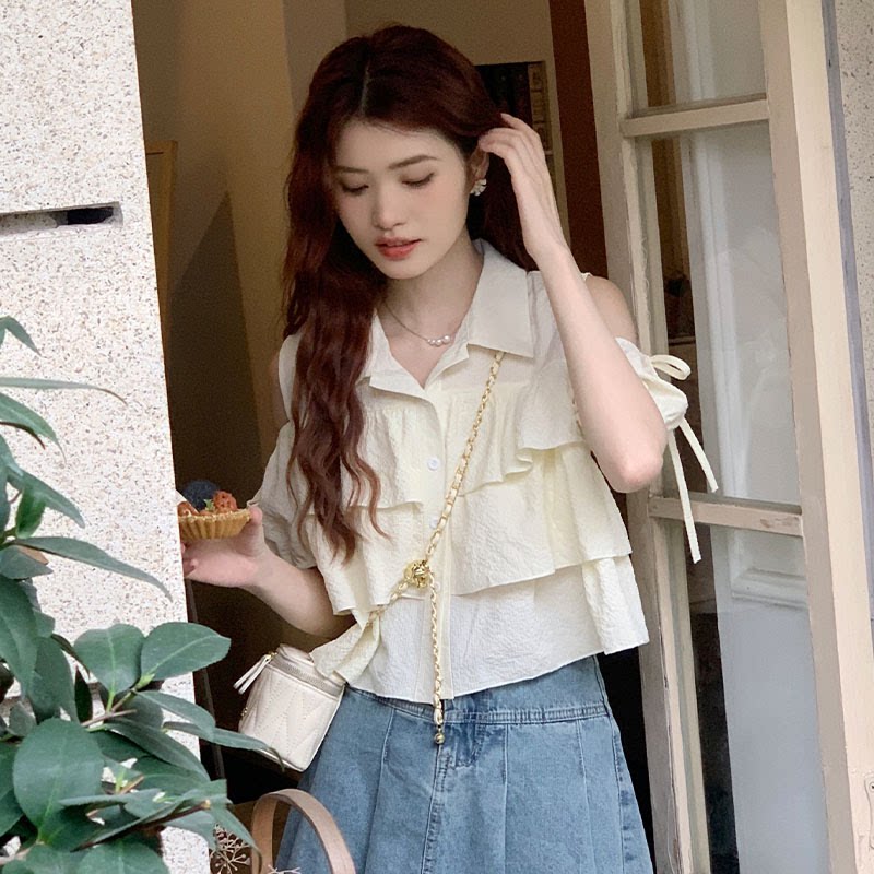 法式气质小众衬衫女2025夏季新款减龄显瘦设计感时尚百搭露肩上衣