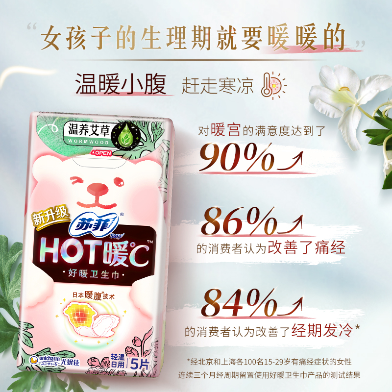 sofy/苏菲卫生巾好暖HOT暖℃痛经暖腹姨妈巾艾草养生限定组合正品