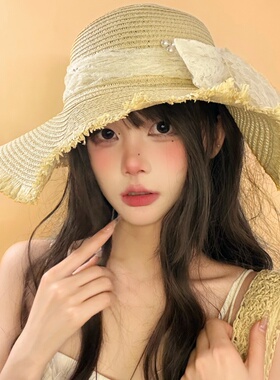 大帽檐蕾丝蝴蝶结草帽女度假海边