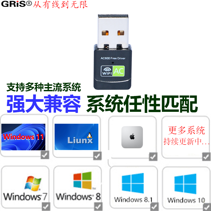 GRIS win11免驱动双频USB无线网卡迷你REALTEK即插即用电脑5G台式机笔记本wifi接收器RTL8811CU XP win7 8 10 - 图1