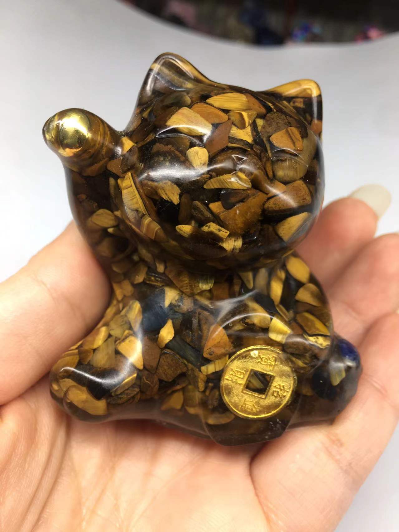 好记水晶滴胶碎石招财猫摆件紫水晶粉水晶发晶超七极光高度6.cm加 - 图0