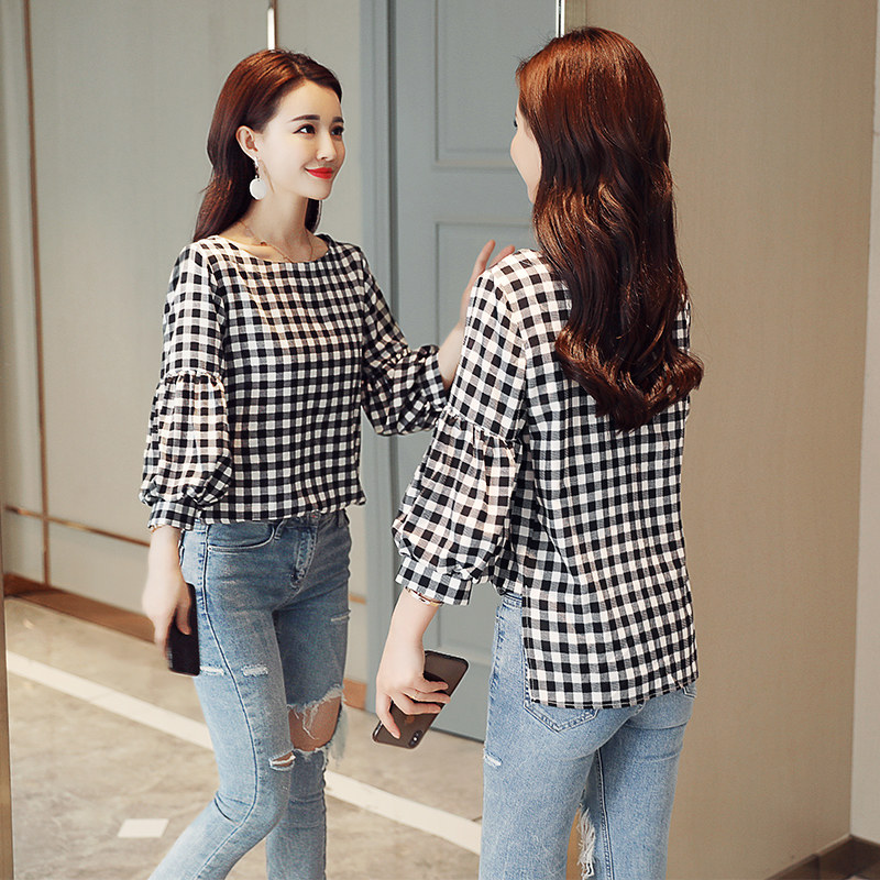 韩版女七分袖格子千鸟格小衫衬衫 零五七一世家圣毅衬衫