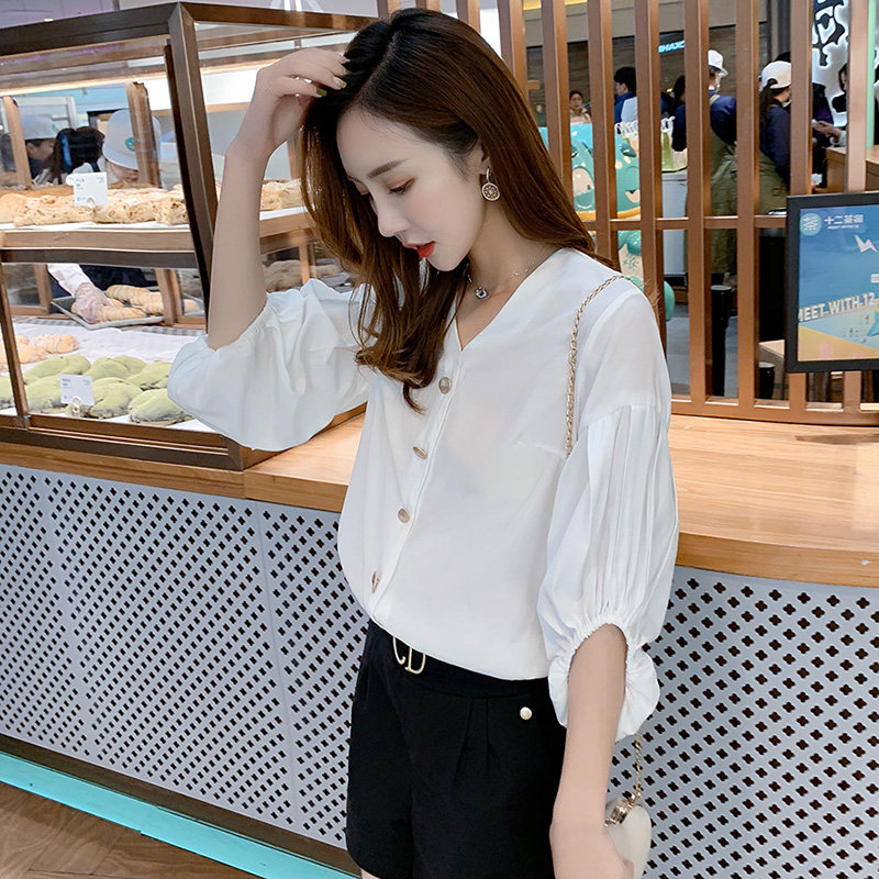 春夏韩版七分袖v领白色娃娃衫衬衫 零五七一世家圣毅衬衫